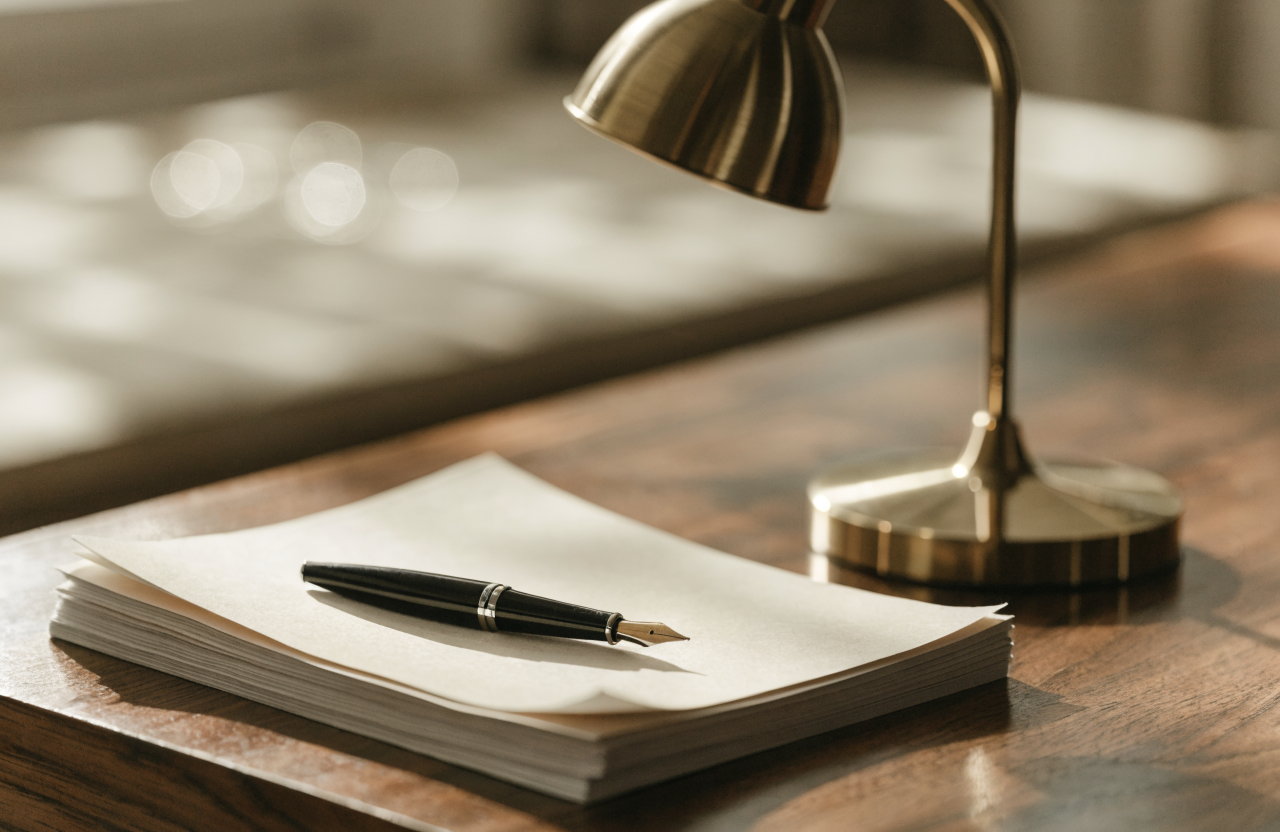 Detalhe do escritório — mesa, documentos e caneta
